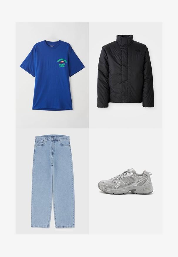 Must suuretusega must isoleeritud jakk kõrge kraega, millel on lukuga esiosa ja logo vasakul rinnal. Materjal näeb välja sile ja turske.; Sinine puuvillane t-särk, ümmarguse kaelusega, lühikeste varrukatega, mille vasakul rinnal on graafiline trükk punase tegelase ja tekstiga.; Heled sinise denimi sirgete põlvede lõikega teksad, millel on keskmise kõrgusega vöökoht, viis taskut ning nööbid ja tõmblukk.; Hõbedane sportlik jalanõud, millel on stiilne disain, võrkpaneelid, pehmendatud keel, tekstureeritud sünteetiline pealmine osa ja kummist välistald haardumise tagamiseks.