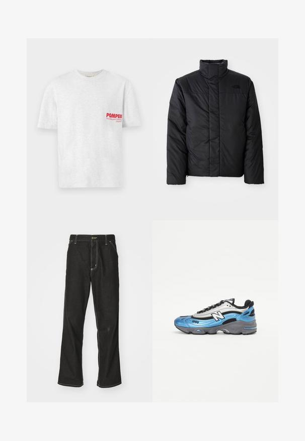 Melna izolēta jaka ar augstu apkakli, ar rāvējslēdzēja priekšpusi un logo kreisajā krūtī. Materiāls izskatās gluds un pūkains.; Pelēks kokvilnas T-krekls ar īsām piedurknēm un apaļu kakla izgriezumu. Uz kreisā krūšu laukuma redzams sarkans uzraksts "POMPEJI" un "Mēs atbalstām iešanu (Madride)".; Melni džinsi ar brīvu piegriezumu, ar kontrastējošu baltu diegu, pogu aizdari un taisnu kāju dizainu.; Zilā un sudraba sporta apavu modelis, kas izgatavots no sieta un sintētiskajiem materiāliem, ar biezām pelēkām zole un izteiktiem melniem akcentiem. Redzams modeļa numurs 1000.