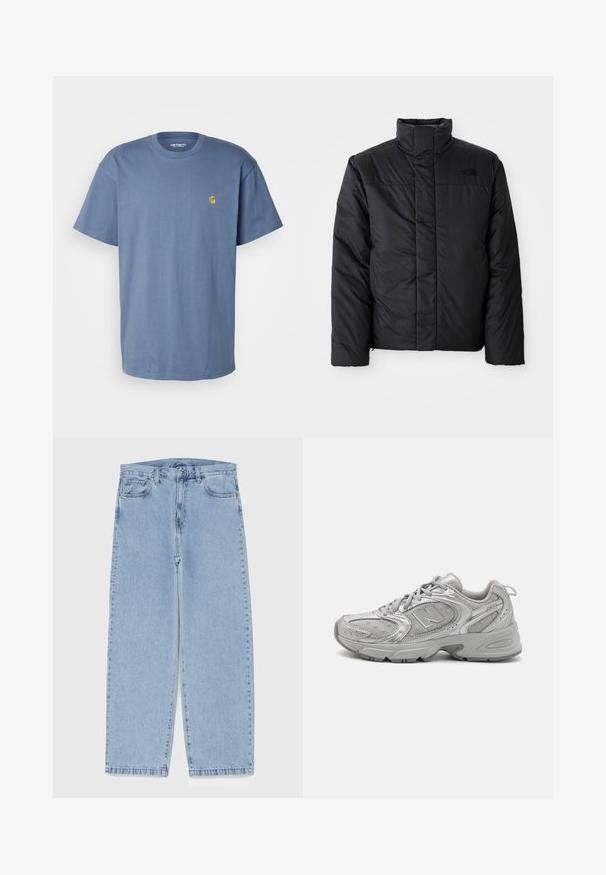 Fekete szigetelt dzseki magas gallérral, elöl cipzáros záródással és logóval a bal mellrészen. Az anyaga simának és pufiknak tűnik.; Carhartt WIP CHASE - Basic póló - positano/gold; Világoskék farmernadrág egyenes szárú kivitelben, közepes derékkal, öt zsebbel, gombos és cipzáros záródással.; Ezüst sportcipő, amely sima dizájnú, hálós panelekből áll, párnázott nyelve van, texturált szintetikus felsőrésze van, és gumitalpa biztosítja a tapadást.