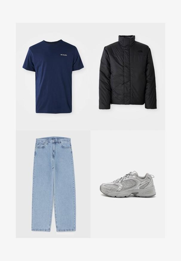 Chaqueta negra aislante con cuello alto, que cuenta con un cierre frontal y un logo en el lado izquierdo del pecho. El material parece suave y esponjoso.; Camiseta de algodón azul marino de manga corta con cuello redondo y un pequeño logo blanco de Columbia en el lado izquierdo del pecho. Textura suave, corte clásico.; Jean de mezclilla azul claro con diseño de pierna recta, con una cintura de altura media, cinco bolsillos y un cierre de botón y cremallera.; Zapatilla deportiva plateada con un diseño elegante, paneles de malla, lengüeta acolchada, parte superior sintética texturizada y suela de goma para tracción.
