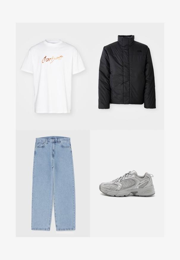 Black insulated jacket with high collar, featuring a zippered front and a logo on the left chest. Material appears smooth and puffy.; White cotton t-shirt featuring a curved, orange script design across the chest. Classic crew neck and short sleeves.; Light blue denim jeans with straight leg design, featuring a mid-rise waist, five pockets, and a button and zipper closure.; Silver athletic shoe with a sleek design, mesh panels, padded tongue, textured synthetic upper, and rubber outsole for traction.