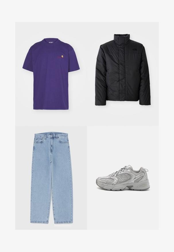 Čierna zateplená bunda s vysokým golierom, s predným zipsom a logom na ľavom hrudníku. Materiál sa zdá byť hladký a nadýchaný.; Carhartt WIP AMERICAN SCRIPT - Základné tričko - aura; Svetlomodré denimové džínsy s rovnými nohavicami, s polovysokým pásom, piatimi vreckami a zapínaním na gombík a zips.; Strieborná športová obuv so štíhlym dizajnom, sieťovanými panelmi, polstrovaným jazykom, textúrovaným syntetickým zvrškom a gumovou podrážkou pre trakciu.