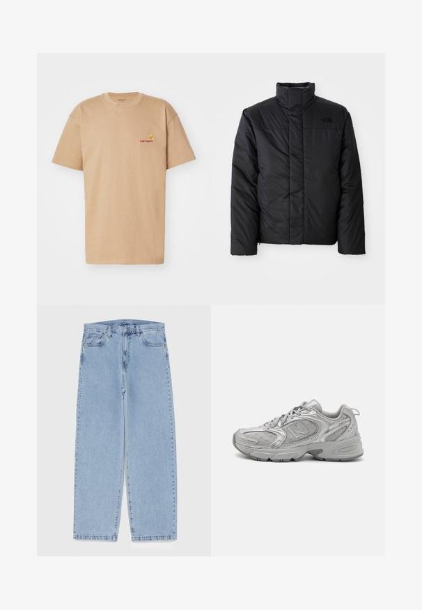 Schwarze isolierte Jacke mit hohem Kragen, ausgestattet mit einem durchgehenden Reißverschluss und einem Logo auf der linken Brust. Das Material wirkt glatt und plüschig.; Beige Baumwoll-T-Shirt mit kurzen Ärmeln, Rundhalsausschnitt und rot gesticktem Carhartt-Logo auf der linken Brust. Einfache, lässige Passform.; Hellblaue Jeans aus Denim mit geradem Bein, ausgestattet mit einer mittelhohen Taille, fünf Taschen sowie einem Knopf- und Reißverschluss.; Silberner Sportschuh mit schlankem Design, Mesh-Einsätzen, gepolstertem Schaft, strukturiertem Synthetik-Obermaterial und Gummisohle für Traktion.