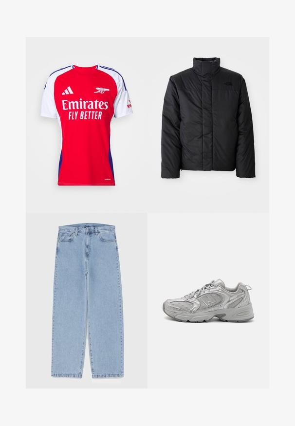 Veste isolante noire avec un col haut, présentant un zip à l'avant et un logo sur la poitrine gauche. Le matériau semble lisse et rembourré.; T-shirt de sport rouge et blanc à manches courtes, avec un col rond, des accents bleus et le logo "Emirates Fly Better" sur le devant.; Jean en denim bleu clair avec une coupe droite, présentant une taille mi-haute, cinq poches, et une fermeture à bouton et à fermeture éclair.; Chaussure de sport argentée au design épuré, composée de panneaux en mesh, d'une languette rembourrée, d'une tige en synthétique texturé et d'une semelle en caoutchouc pour une meilleure traction.