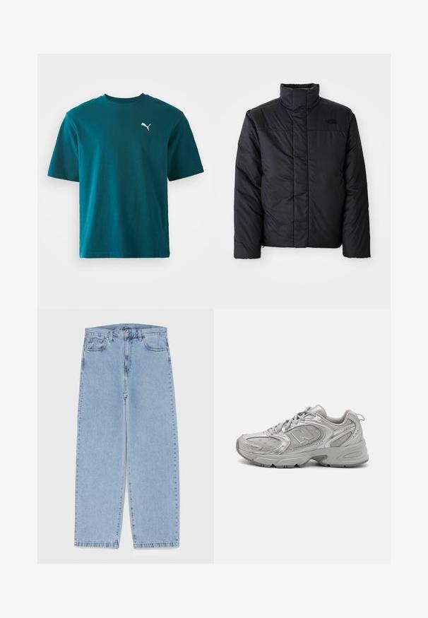 Must suuretusega must isoleeritud jakk kõrge kraega, millel on lukuga esiosa ja logo vasakul rinnal. Materjal näeb välja sile ja turske.; Tumesinine puuvillane T-särk lühikeste varrukatega, ümar kaelus ja valge Puma logo vasakul rinnal; sile tekstuur ja regulaarne lõige.; Heled sinise denimi sirgete põlvede lõikega teksad, millel on keskmise kõrgusega vöökoht, viis taskut ning nööbid ja tõmblukk.; Hõbedane sportlik jalanõud, millel on stiilne disain, võrkpaneelid, pehmendatud keel, tekstureeritud sünteetiline pealmine osa ja kummist välistald haardumise tagamiseks.
