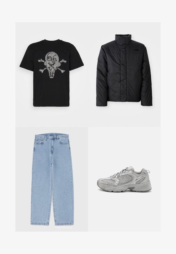 Svart isolert jakke med høy krage, med glidelås foran og en logo på venstre bryst. Materialet ser glatt og puffy ut.; Svart bomull T-skjorte med et metallisk sølv is-krem skull grafikk med knokler, korte ermer og klassisk rund halsdesign.; Lyseblå denimjeans med rett ben-design, med mid-rise liv, fem lommer og knap og lynlås lukning.; Sølv idrettssko med et strømlinjeformet design, mesh-paneler, polstret tunge, strukturert syntetisk overdel og gummisåle for godt grep.