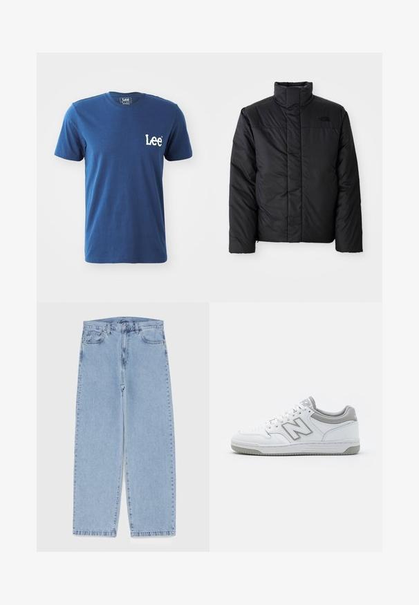 Melna izolēta jaka ar augstu apkakli, ar rāvējslēdzēja priekšpusi un logo kreisajā krūtī. Materiāls izskatās gluds un pūkains.; Zila kokvilnas T-krekls ar īsām piedurknēm un apaļu kakla izgriezumu, ar balto izšūto "Lee" logotipu kreisajā krūtīs. Gluda tekstūra.; Gai zila džinsu bikses ar taisnu kāju dizainu, kas piedāvā vidēju vidukļa augstumu, piecas kabatas un pogas un rāvējslēdzēja aizdari.; Baltas ādas sporta apavi ar pelēkiem akcentiem, ar perforētu pirkstu daļu, plakanu šņorēšanu un rakstainu zoli. New Balance logo uz sāniem.