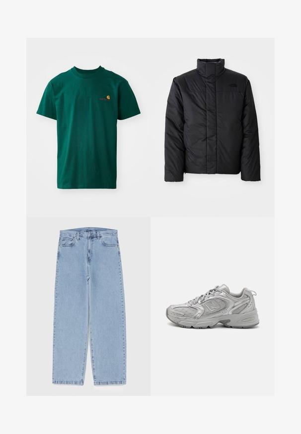 Schwarze isolierte Jacke mit hohem Kragen, ausgestattet mit einem durchgehenden Reißverschluss und einem Logo auf der linken Brust. Das Material wirkt glatt und plüschig.; Grünes Baumwoll-T-Shirt mit Rundhalsausschnitt und kurzen Ärmeln. Es hat ein kleines, kontrastierendes Logo in Orange und Rot auf der linken Brust.; Hellblaue Jeans aus Denim mit geradem Bein, ausgestattet mit einer mittelhohen Taille, fünf Taschen sowie einem Knopf- und Reißverschluss.; Silberner Sportschuh mit schlankem Design, Mesh-Einsätzen, gepolstertem Schaft, strukturiertem Synthetik-Obermaterial und Gummisohle für Traktion.