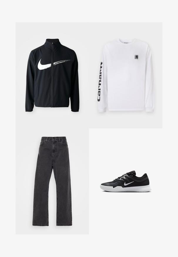 Mustapukuinen urheilutakki, jossa on korkea kaulus, edessä vetoketju ja joustavat hihansuut. Takissa on suuri valkoinen Nike-logografiikka rinnan kohdalla.; Valkoinen pitkähihaisen puuvillainen t-paita, jossa on pieni musta logopatch rintakehässä ja vahva musta teksti vasemman hihan varrella.; Mustat farkut suoran lahkeen muotoilulla, korkealla vyötäröllä ja klassisella viiden taskun tyylillä. Ominaisuuksiin kuuluu siisti viimeistely ja kestävä ompelu.; Musta urheilukenkä, jossa on teksturoitu päällinen, valkoinen Nike-tikkaus ja valkoinen kumipohja. Kenkässä on nauhakuji ja dynaaminen muoto.