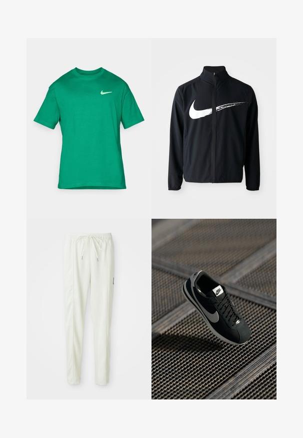Svart treningsjakke med høy hals, frontlomme med glidelås og elastiske mansjetter. Har en stor hvit Nike swoosh-grafikk over brystet.; Grønn bomulls t-skjorte med rund hals, korte ermer og en liten hvit Nike-logo på venstre bryst. Jevn tekstur, standard passform.; Hvite slim-fit joggebukser med elastisk midje og snor, med side-seam detaljer og en liten svart lapp på høyre bein.; Sorte Nike-sneaker med grå detaljer, suede og mesh-materialer, teksturert såle, smal form og klassisk snøredesign.