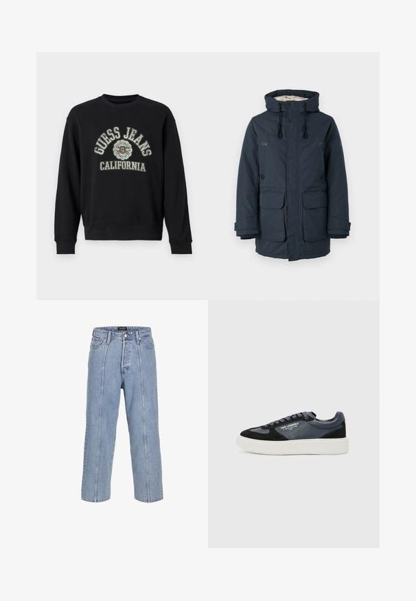 Giacca imbottita blu navy con colletto alto, fodera interna a contrasto, due grandi tasche frontali e dettagli metallici neri.; Felpa nera in cotone, con collo rotondo, maniche lunghe e una grafica frontale con la scritta "GUESS JEANS CALIFORNIA" in colori a contrasto.; Jeans in denim blu chiaro con una vestibilità ampia, gambe larghe e dettagli di cucitura visibili. Presenta una chiusura con bottone e zip, cinque tasche.; Sneaker nera e blu realizzata in pelle e scamosciato, con una spessa suola bianca, punta rotonda e dettagli testurizzati. Lacci in colore abbinato.