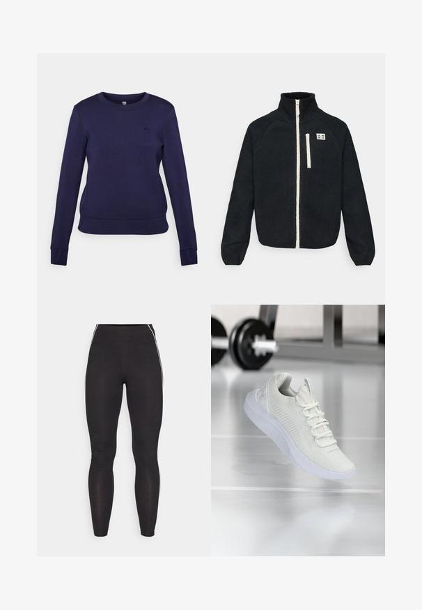 Casaco de polar preto com colarinho alto, fecho frontal, detalhes em zíper branco e um pequeno logótipo na área do peito esquerdo.; Sweatshirt azul-marinho, com decote redondo, mangas longas, punhos e bainha canelados, feito de um tecido suave com um discreto detalhe de logotipo no peito.; Leggings pretos feitos de material elástico com uma cintura alta. Apresentam riscas brancas nas laterais e uma textura suave por toda a peça.; Sapatilha atlética branca com um cabedal em malha texturizada e sistema de atacadores, apresentando uma sola branca acolchoada e sutis acentos ribateados.
