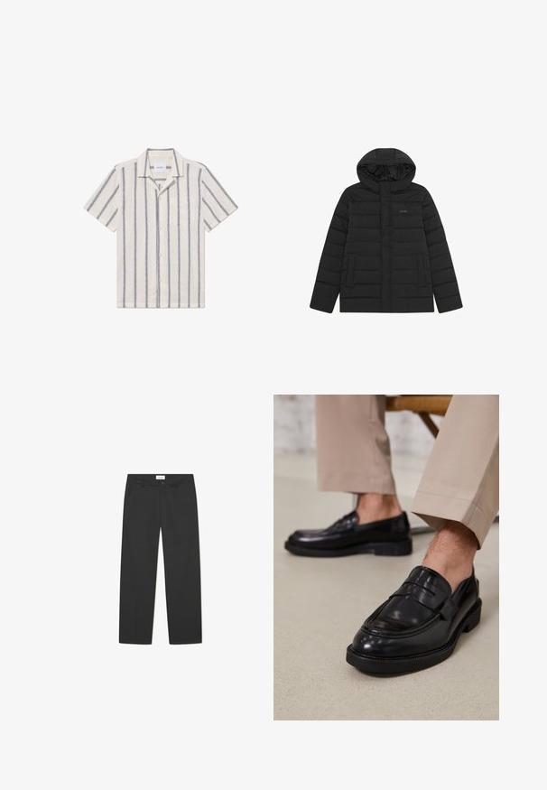 Casaco puffer preto com capuz, apresentando um design acolchoado, textura suave e dois bolsos frontais. Logo discreto no peito.; Camisa de manga curta em tecido bege claro com riscas verticais azul-escuras, apresentando um fecho de botões à frente e um bolso no peito.; Calças pretas feitas de tecido leve. Apresentam um design de perna reta com frente lisa, bolsos laterais e um cós discreto.; Mocassins de couro preto com acabamento liso, apresentando uma faixa decorativa e costura em contraste, acompanhados de calças bege.