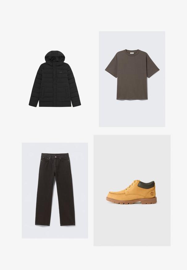 Giacca a vento nera con cappuccio, caratterizzata da un design trapuntato, texture liscia e due tasche frontali. Logo discreto sul petto.; T-shirt di cotone verde scuro con scollo rotondo, maniche corte e vestibilità rilassata, con un'etichetta che riporta la scritta "WEEKDAY."; Jeans in denim nero con design a gamba dritta, cinque tasche e cuciture color rame. Tessuto liscio, chiusura a bottone classica in vita.; Scarpa in pelle gialla con suola in gomma marrone, punta rotonda e dettaglio in pelle verde alla caviglia. Presenta occhielli dorati e dettagli di cucitura.