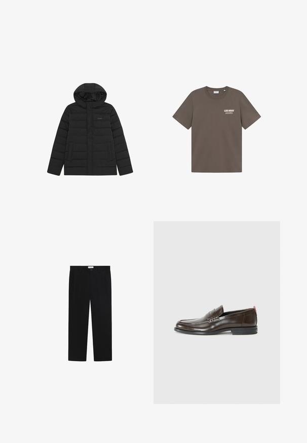 Svart puffjakke med hette, med en quiltet design, glatt tekstur og to frontlommer. Diskret logo på brystet.; Brun bomulls t-skjorte med rund hals, korte ermer og en liten hvit logo på venstre bryst. Jevn tekstur, ledig passform.; Sorte bukser med straight-leg design, frontlommer og knappestengning. Laget av et glatt stoff med en elegant finish.; Brune skinnloafers med en glatt overflate, rund tå, dekorativ søm og en kontrasterende rød aksent på hælen. Gummisåle.