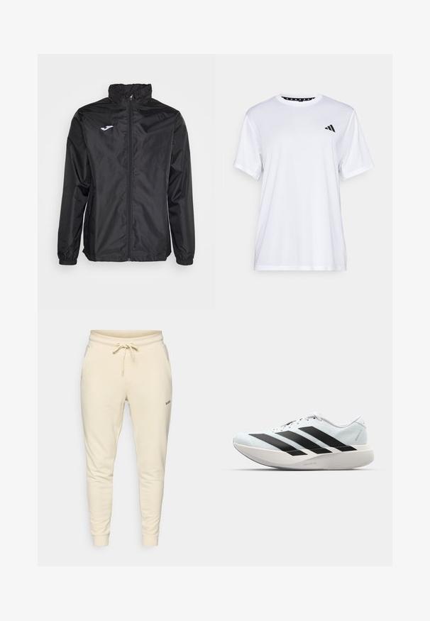 Czarna kurtka przeciwdeszczowa, lekki materiał, zamek z przodu, wysoka kołnierz, elastyczne mankiety, z małym białym logo na klatce piersiowej.; Biała koszulka sportowa z krótkim rękawem, wykonana z materiału odprowadzającego wilgoć. Posiada czarne logo na lewej piersi oraz wzorzystą podszewkę kołnierza.; Kremowe dresy wykonane z miękkiego materiału, z elastycznym pasem z sznurkiem, bocznymi kieszeniami i ściągaczami przy nogawkach.; Lekkie buty do biegania w jasnoniebieskim kolorze z czarnymi pasami. Posiadają gładką cholewkę, okrągły nosek oraz grubą białą podeszwę środkową oznaczoną "LIGHTSTRIKE PRO."