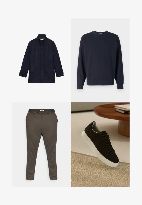 Vīriešu tumši zila vilnas mēteli ar augstu apkakli, divām pogām pie kakla, garām piedurknēm un divām sānu kabatām.; Tumsas zila kokvilnas sporta krekls ar apaļu kakla izgriezumu, garām piedurknēm, ribinātām aprocēm un vienkāršu dizainu bez redzamām grafiskām detaļām.; Jack & Jones JPSTMARCO JJCOOPER - Chinos tipa bikses - wren; Melni sporta apavi ar baltu zoli, kas peld virs bēša tekstūrēta paklāja netālu no apaļa koka galda ar sakrautiem grāmatām.