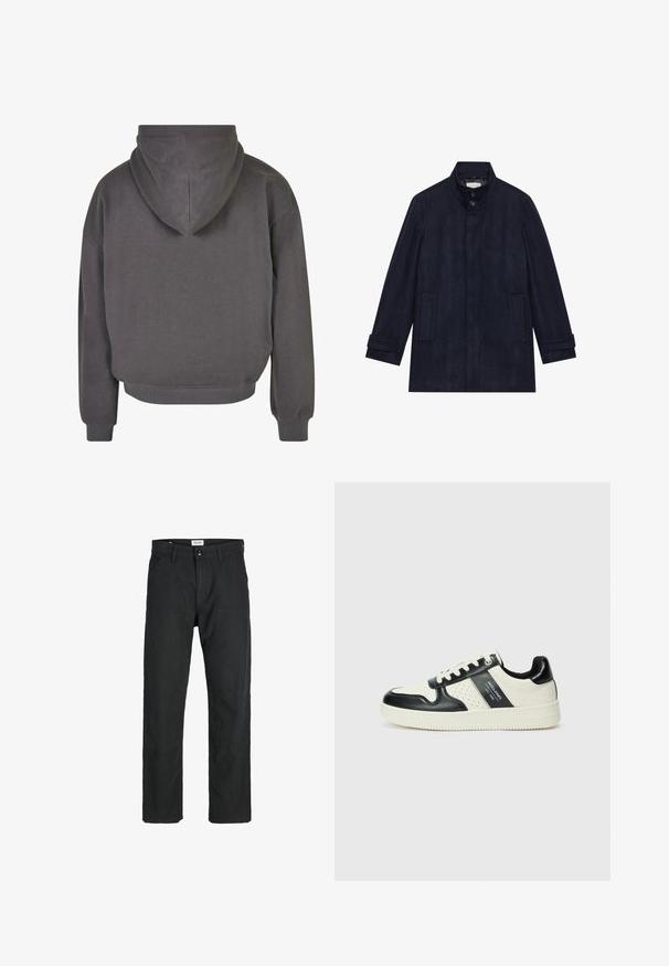 Męski granatowy wełniany płaszcz z wysokim kołnierzem, dwiema guzikami przy szyi, długimi rękawami i dwoma bocznymi kieszeniami.; Szara, krótka bluza z kapturem, z regulowanym sznurkiem, ściągaczami na mankietach i u dołu. Miękka faktura tkaniny o czystym, minimalistycznym wzornictwie.; Czarne spodnie wykonane z trwałego materiału, z prostym krojem nóg, przeszyciami i dwiema przednimi kieszeniami dla funkcjonalności.; Skórzane sneakersy w czarno-kremowym schemacie kolorystycznym, z perforowanymi akcentami, wyściełanym kołnierzem i teksturowaną podeszwą.