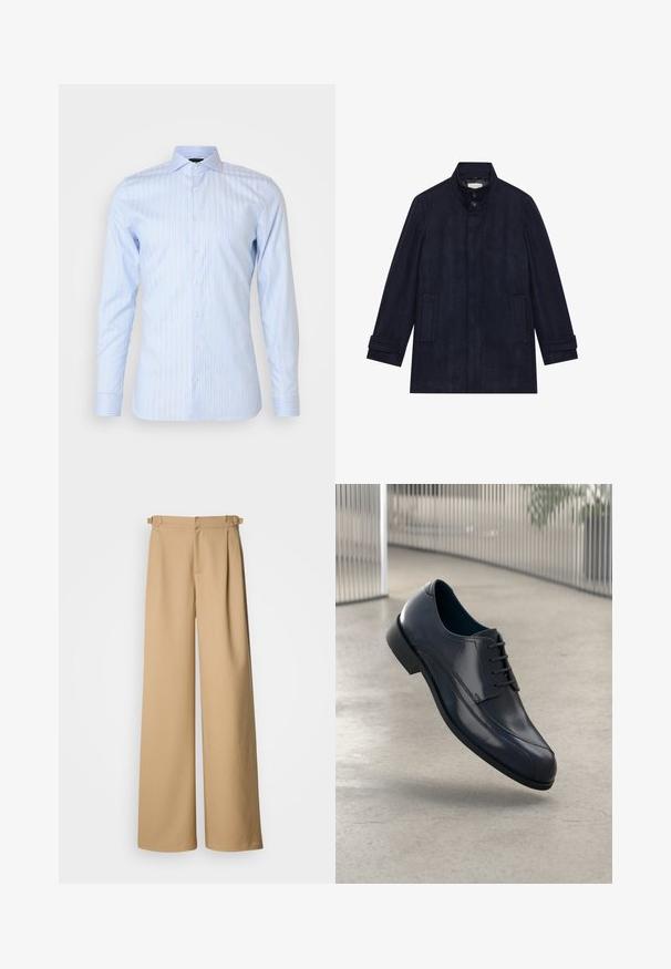 Meeste tume navy villane mantel kõrge kraega, kahe nööbiga kaelal, pikad varrukad ja kaks küljetaskut.; OLYMP No. Six Pluus - bleu; Beezid laiats püksid kõrge vöökoht, volditud esiosa ja vööaasadega. Valmistatud siledast kangast, millel on puhas ja minimaalne disain.; Läike must nahkne king, millel on paelad, hõljuv siledate heledate halli põranda kohal ning taustal vertikaalsed metallist vardad.