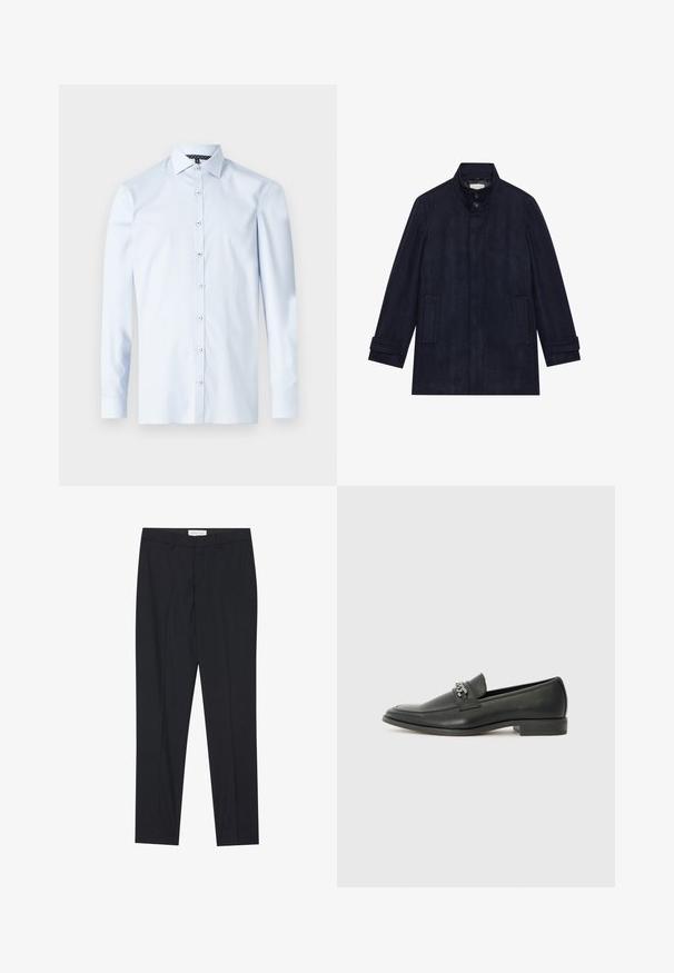 Men's dark navy wool coat with high collar, two buttons at neck, long sleeves, and two side pockets.; Light blue long-sleeve shirt made from cotton with a button-up front, pointed collar, and contrasting patterned inner neck detail.; Black tailored trousers with a flat front, regular fit, made of smooth fabric, featuring pressed pleats and side pockets.; Black leather loafer with a smooth finish, featuring a stitched design and a decorative metal chain accent across the vamp. Flat heel.