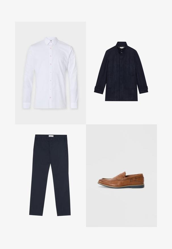 Vīriešu tumši zila vilnas mēteli ar augstu apkakli, divām pogām pie kakla, garām piedurknēm un divām sānu kabatām.; Baltas garām piedurknēm krekls, izgatavots no kokvilnas, ar pogājamu apkakli, rozā pogām un pieguļošu dizainu. Bez rakstiem vai grafikām.; Navy zila kokvilnas bikses ar gludu tekstūru, ar rāvējslēdzēju, jostas cilpām un sānu kabatām funkcionālitātei.; Brūnas ādas loafers ar apaļu purngalu, ar šuvēm un zemu gumijas zoli. Dizainā ir josla pāri augšējai daļai.