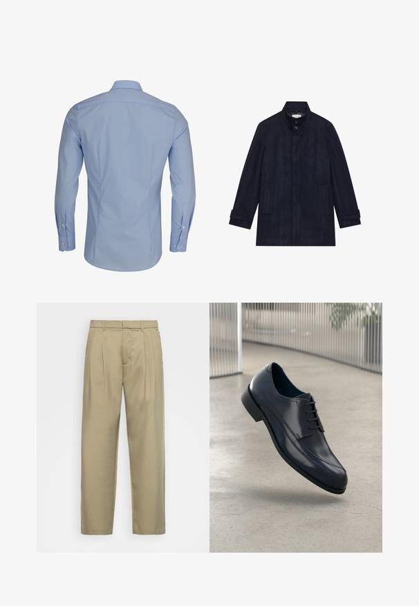 Vyriškas tamsiai mėlynas vilnonis paltas su aukštu apykakle, dviem mygtukais ties kaklu, ilgomis rankovėmis ir dviem šoninėmis kišenėmis.; Šviesiai mėlyna ilgomis rankovėmis marškiniai su sagūnos apykakle, turintys lygią tekstūrą ir pritaikytą dizainą, pabrėžiantys baltų sagų detales.; Šviesiai rudos, aukšto liemens kelnes su tiesia kirpimu, su plokščiu priekiniu paviršiumi, šoninėmis kišenėmis ir lygiu, tekstūruotu audiniu.; Blizgūs juodi odiniai suknelės batai su raišteliais, skirti pakibti virš lygaus, šviesiai pilko grindų paviršiaus ir vertikalių metalinių strypų fone.