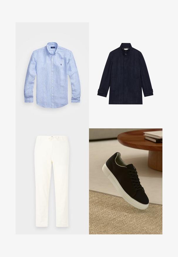 Menns mørk marineblå ullfrakk med høy krage, to knapper ved halsen, lange ermer og to sidelommer.; Blå og hvit stripete langermet skjorte laget av bomull, med knappekrage, frontknapper og en liten brodert logo på brystet.; Hvite, lette linbukser med snor i livet. Rett ben-design, minimal tekstur, og uten synlige mønstre eller detaljer i maskinvare.; Svart sneakers med hvit såle som svever over en beige teksturert teppe nær et rundt trebord med stablede bøker.