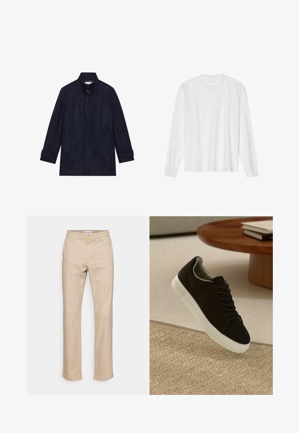 Casaco de lã azul-marinho masculino, com colarinho alto, dois botões no pescoço, mangas longas e dois bolsos laterais.; Camiseta de algodão branca de mangas longas com gola redonda e punhos canelados. Design simples e limpo, apresentando uma textura suave e um ajuste padrão.; Calças de algodão bege com um design de perna reta, apresentando fecho de botão, passantes para cinto e bolsos laterais. Textura suave.; Sneaker preto com sola branca flutuando acima de um tapete texturizado bege, perto de uma mesa redonda de madeira com livros empilhados.