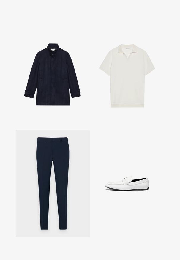 Dunkelblauer Wollmantel für Herren mit hohem Kragen, zwei Knöpfen am Hals, langen Ärmeln und zwei Seitentaschen.; Weißes Poloshirt mit kurzen Ärmeln, V-Ausschnitt und strukturierter Stoffqualität. Schlichtes Design mit kontrastierenden Akzenten am Kragen und den Ärmeln.; Marineblaue, taillierte Hose mit schmaler Passform, flachem Bund und Gürtelschlaufen, aus glattem Stoff. Keine sichtbaren Muster oder Verzierungen.; Weiße Lederloafer mit glatter Oberfläche, featuring eine gestickte Akzent, eine abgerundete Zehe und eine schwarze Gummisohle für besseren Halt.