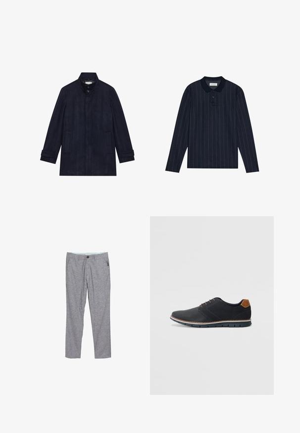 Abrigo de lana azul marino oscuro para hombre con cuello alto, dos botones en el cuello, mangas largas y dos bolsillos laterales.; Polo de manga larga en color navy con cuello, que presenta finas rayas verticales y una tapeta de tres botones. Textura de tela suave.; Pantalones grises de pierna recta, confeccionados con una tela texturizada. Cuentan con un cierre de botón, pasadores para cinturón y un pequeño bolsillo lateral.; Zapatos sintéticos negros con un upper texturizado, acentos lisos, tacón marrón y una suela en contraste. Presenta un cordón mínimo y detalles de costura.