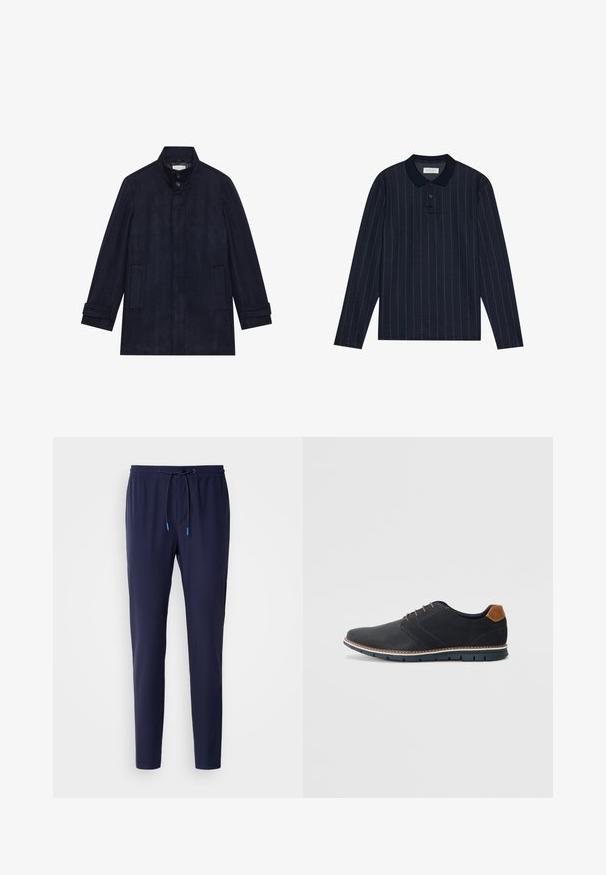 Donkerblauwe wollen herenjas met hoge kraag, twee knopen bij de hals, lange mouwen en twee zijzakken.; Marineblauwe polo met lange mouwen en een kraag, voorzien van dunne verticale strepen en een knoopsluiting met drie knopen. Zachte stofstructuur.; Navyblauwe joggingbroek gemaakt van zachte stof, met een tailleband met trekkoord in blauwe accenten, slim fit en geribbelde manchetten bij de enkels.; Zwarte synthetische schoenen met een gestructureerde bovenkant, gladde accenten, bruine hak en een contrasterende zool. Bevat minimale veters en stikdetails.