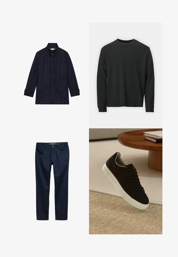 Vīriešu tumši zila vilnas mēteli ar augstu apkakli, divām pogām pie kakla, garām piedurknēm un divām sānu kabatām.; Garās piedurknes melna T-kreklā, izgatavota no kokvilnas, ar apaļu kakla izgriezumu, brīvu piegriezumu un ribotām piedurknēm. Gluda tekstūra bez redzamām rakstainēm.; Tumši zili bikses, izgatavotas no gludas kokvilnas auduma, ar regulāru piegriezumu, piecām kabatām un ar rāvējslēdzēju un pogas aizdari.; Melni sporta apavi ar baltu zoli, kas peld virs bēša tekstūrēta paklāja netālu no apaļa koka galda ar sakrautiem grāmatām.