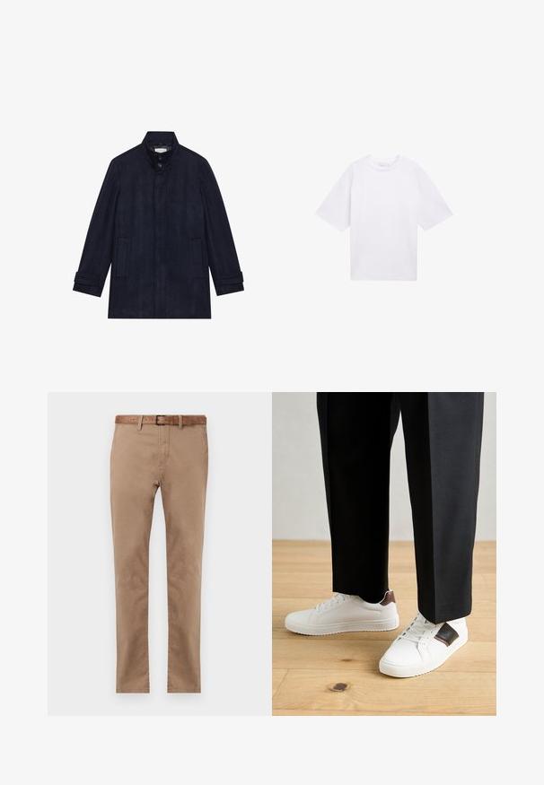 Vīriešu tumši zila vilnas mēteli ar augstu apkakli, divām pogām pie kakla, garām piedurknēm un divām sānu kabatām.; Baltas T-krekls ar īsām piedurknēm, izgatavots no kokvilnas. Brīva piegriezuma ar apaļu kakla izgriezumu. Gluda tekstūra un bez redzamiem rakstiem vai akcentiem.; Bežīgi kokvilnas chinos bikses ar taisnu piegriezumu, ar brūnu ādas jostu, divām priekšējām kabatām un gludu tekstūru.; Baltā pārsoļa apavi ar gludu tekstūru, papildināti ar brūniem ādas akcentiem un melniem elementiem, savienoti ar melnām pielāgotām biksēm. Koka grīdas fons.