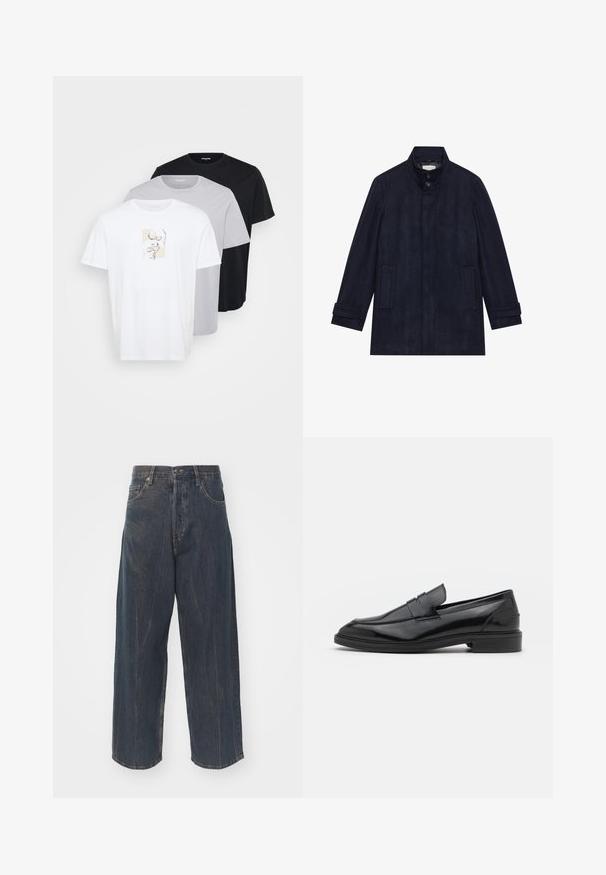 Casaco de lã azul-marinho masculino, com colarinho alto, dois botões no pescoço, mangas longas e dois bolsos laterais.; Três t-shirts de manga curta nas cores branco, cinza claro e preto. A t-shirt branca apresenta um design gráfico minimalista. Tecido de algodão macio.; Calças de ganga largas de cor azul escuro com uma textura de desgaste subtil, cinco bolsos e um fecho clássico de botão e zíper na cintura.; Mocassins de couro preto com um acabamento suave, apresentando uma ponta arredondada e uma faixa estreita na parte superior. Salto baixo empilhado.