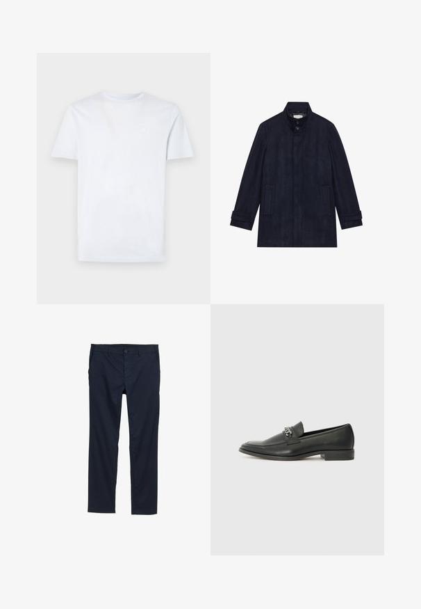 Abrigo de lana azul marino oscuro para hombre con cuello alto, dos botones en el cuello, mangas largas y dos bolsillos laterales.; Camiseta de algodón blanca con mangas cortas, escote redondo y un pequeño logo en forma de cuadrado de color claro en la parte izquierda del pecho.; Pantalones ligeros azul marino con una textura suave, diseño de pierna recta, cierre de botón y bolsillos laterales.; Mocasín de cuero negro con un acabado suave, que cuenta con un diseño de costura y un acento decorativo de cadena de metal en el empeine. Tacón plano.