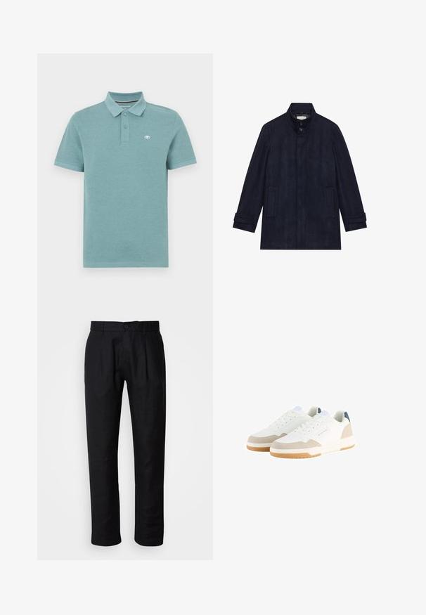 Menns mørk marineblå ullfrakk med høy krage, to knapper ved halsen, lange ermer og to sidelommer.; Polo-skjorte i lys teal, korte ermer, polokrage med to knapper, har en liten logo på venstre bryst, glatt bomullsstoff.; Sorte straight-leg bukser med bæltestropper, frontknaplukning og sidelommer, præsenteret på en lys baggrund.; Hvite joggesko med en teksturert mesh-overdel, beige semsket skinn-detaljer og en polstret såle. Har snøring og en blå logo-detalj.