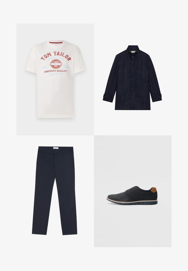Casaco de lã azul-marinho masculino, com colarinho alto, dois botões no pescoço, mangas longas e dois bolsos laterais.; T-shirt de algodão branco com estampado vermelho e azul com "TOM TAILOR", um logótipo circular e o texto "QUALIDADE PREMIUM" em várias fontes.; Chinos azul-marinho feitos de algodão com uma textura suave, apresentando um fecho de correr, passantes para cinto e bolsos laterais para funcionalidade.; Sapatos sintéticos pretos com um upper texturizado, pormenores lisos, salto castanho e uma sola contrastante. Apresentam um sistema de atacadores mínimo e detalhes de costura.