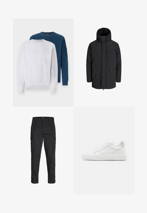 Svart isolerad jacka med hög krage, dragkedja fram och dragsko i huvan. Har slät utsida och kontrasterande texturerad innerrygg.; Två sweatshirts staplade: en i ljusgrå med en subtil logotyp, den andra i mörkblått. Båda har rundad hals och ribbade ärmmuddar.; Svarta cargobyxor tillverkade av hållbart tyg, med flera fickor, knappstängning och en smal passform med avsmalnande ben.; Vita lädersneakers med en slät yta, rund tå, platta snören och en texturerad sula. Grå mockadetalj vid hälen.