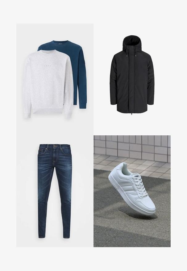 Giubbotto isolato nero con colletto alto, zip frontale e cappuccio regolabile con cordino. Presenta un esterno liscio e un rivestimento interno a trama contrastante.; Due felpe impilate: una in grigio chiaro con un logo sottile, l'altra in blu scuro. Entrambe presentano collo rotondo e polsini a costine.; Jeans in denim blu scuro con vestibilità slim, leggero sbiadito, cinque tasche e chiusura con bottone in metallo. Dettagli cuciti in un colore a contrasto.; Sneaker sportivo bianco con tomaia in pelle liscia, chiusura con lacci, punta perforata e suola decorata. Design minimalista con tre strisce laterali.
