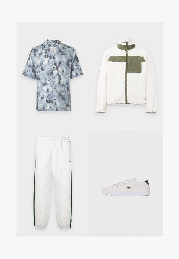 Valkoinen fleece- takki oliivinvihreillä yksityiskohdilla, korkea kaulus, vetoketjullinen rintatasku ja ribbireunat. Sisältää logon vasemmalla puolella.; Lyhythihainen napillinen paita, jossa on levitetty kaulus ja rintatasku, siniharmaassa abstraktissa pilvikuosissa.; Valkoiset urheiluhousut tummanvihreillä sivupaneeleilla. Kevyt materiaali, joustava vyötärö ja resorit. Sivupaneeleissa on verkkotyyppinen tekstuuri.; Valkoinen nahkakenkä pyöreällä varvalla, nauhakiinnitys edessä ja musta kantapään korostus. Sivussa pieni brodyoitu krokotiililogo.