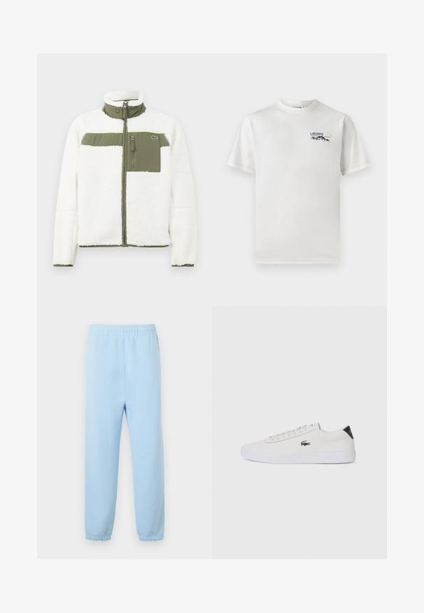 Witte fleecejas met olijfgroene accenten, hoge kraag, ritszak op de borst en geribde manchetten. Bevat een logo aan de linkerkant.; Witte katoenen T-shirt met een ronde hals, korte mouwen en een klein geborduurd logo met bergen en tekst op de linkerborst.; Lichtblauwe joggingbroek met een elastische tailleband, gebreide manchetten en een zachte textuur. Minimalistisch ontwerp, zonder patronen of versieringen.; Witte leren sneaker met ronde neus, vetersluiting aan de voorkant en zwarte hakaccent. Beschikt over een klein geborduurd krokodillenlogo aan de zijkant.
