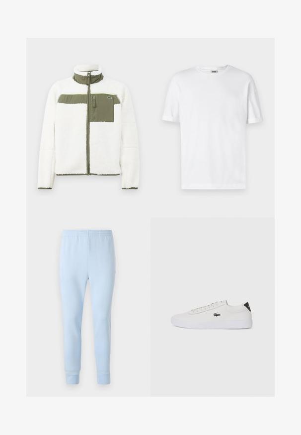 Casaco de fleece branco com acentos em verde-oliva, gola alta, bolso no peito com fecho zip e punhos canelados. Apresenta um logótipo do lado esquerdo.; T-shirt de algodão branco com gola redonda, mangas curtas e punhos dobrados; design simples, textura suave e corte reto.; Calças de moletão azul claro feitas de tecido macio, com uma cintura elástica e punhos ajustados. Sem padrões visíveis ou detalhes de metal.; Sapatilha de couro branco com biqueira arredondada, atacadores na frente e detalhe preto no calcanhar. Apresenta um pequeno logótipo de crocodilo bordado na lateral.
