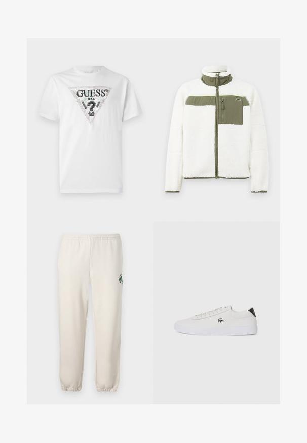 White fleece jacket with olive accents, high collar, zippered chest pocket, and ribbed cuffs. Features a logo on the left side.; White cotton t-shirt featuring a black and colorful triangle logo with text. Short sleeves and a round neckline, smooth texture.; Light beige sweatpants made of cotton, featuring an elastic waistband, ribbed cuffs, and a green logo with leaf design on the left leg.; White leather sneaker with round toe, lace-up front, and black heel accent. Features a small embroidered crocodile logo on the side.