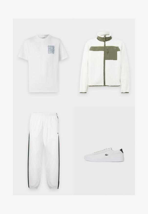 Chaqueta de felpa blanca con acentos en oliva, cuello alto, bolsillo de pecho con cremallera y puños acanalados. Presenta un logo en el lado izquierdo.; Camiseta de algodón blanca de manga corta con una impresión gráfica azul del logo "LACOSTE" en el lado izquierdo del pecho. Diseño clásico de cuello redondo.; Pantalones de chándal blancos con paneles laterales de color verde oscuro. Material ligero, cinturilla elástica y dobladillos con puños. Presenta textura de malla en los paneles laterales.; Zapatilla de cuero blanca con punta redonda, parte frontal con cordones y acento negro en el talón. Presenta un pequeño logo de cocodrilo bordado en el lateral.