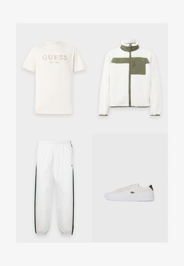 Valge flaamjakiga, millel on oliivrohelised aktsendid, kõrge kaelusega, lukuga rinna-tasku ja ribakudumistega varrukad. Vasakul küljel on logo.; Valge lühikeste varrukitega T-särk, mis on valmistatud pehmest puuvillast, esiküljel on kergelt reljeefne "GUESS" ja "EST. 1981" helebeežina.; Valged sportpüksid tumeroheline külgpanelitega. Kerge materjal, elastne vöökoht ja mansetid. Külgpanelitel on võrkmuster.; Valge nahast tenniseking ümara ninaga, lukkude ja musta kontsa aktsendiga. Külgedel on väike broderi krokodilli logo.