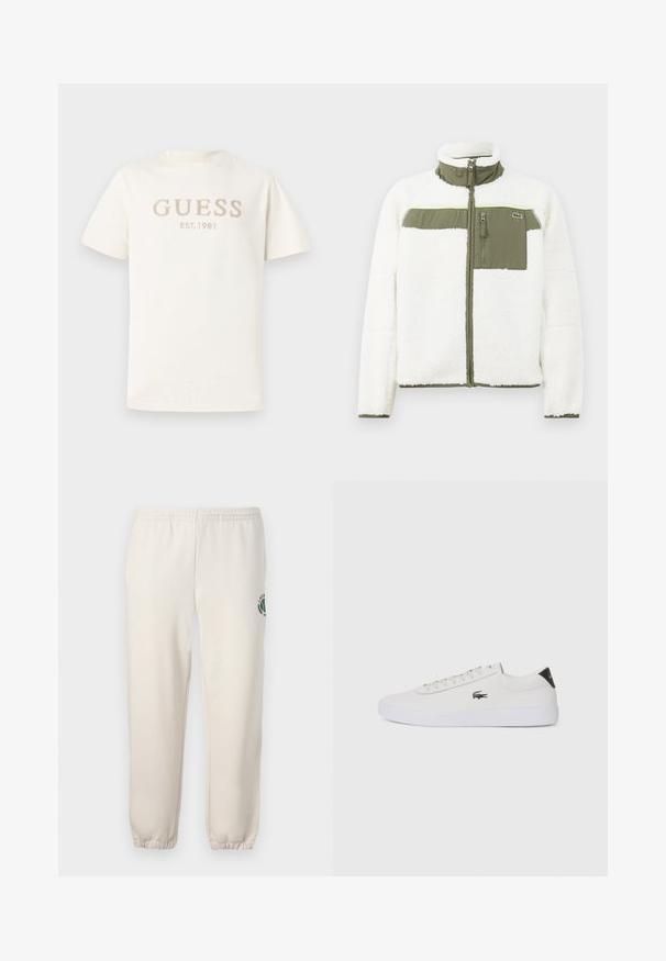 Balta flīsa jaka ar olīvzaļiem akcentiem, augstu apkakli, ar rāvējslēdzēju vertikālu krūšu kabatu un ribotiem piedurkņu galiem. Uz kreisās puses ir logotips.; Balts īsām piedurknēm T-krekls, izgatavots no mīkstas kokvilnas, ar reljefu "GUESS" un "EST. 1981" gaiši beiges krāsā uz priekšpuses.; Gaiši bēši kokvilnas sporta bikses ar elastīgu jostu, ribotām apakšmalām un zaļu logotipu ar lapu dizainu kreisajā kājā.; Baltas ādas sporta apavu modelis ar noapaļotu purngalu, sasienamu priekšpusi un melnu papēža akcentu. Satur nelielu izšūtu krokodila logo sānos.