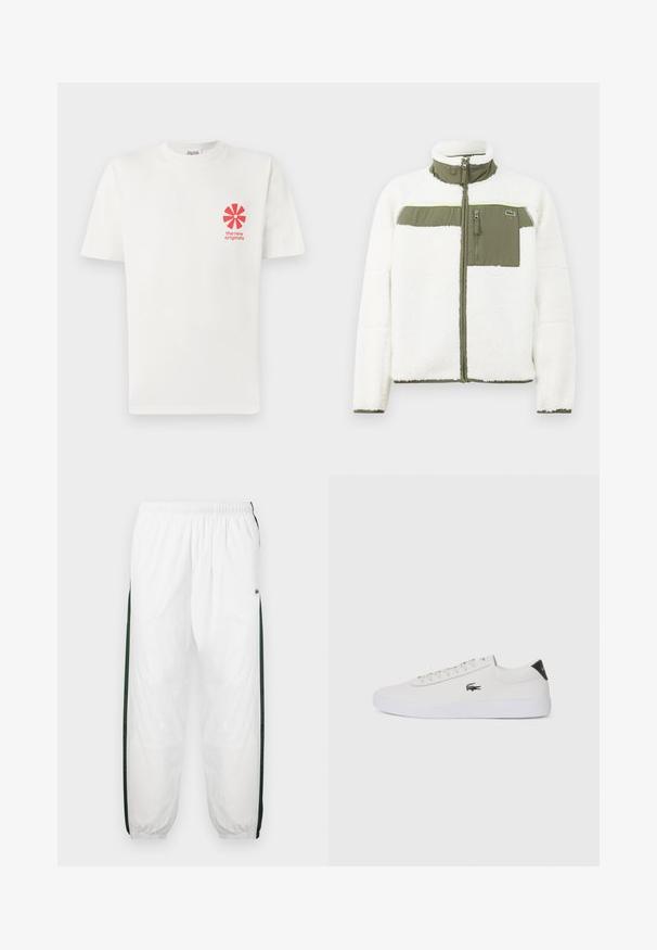 Biely flísový kabát s olivovými akcentmi, vysokým golierom, zipsovým náprsním vreckom a rebrovanými manžetami. Obsahuje logo na ľavej strane.; Biele bavlnené tričko s červeným grafickým kvetinovým motívom na ľavej strane hrude, pod ktorým je text "the new originals". Krátke rukávy, okrúhly výstrih.; Biele športové nohavice s tmavozelenými bočnými panelmi. Ľahký materiál, elastický pás a sťahované lemy. Obsahujú sieťovinovú textúru na bočných paneloch.; Biele kožené tenisky s okrúhlou špičkou, šnurovaním vpredu a čiernym akcentom na päte. Obsahujú malé vyšívané logo krokodíla na boku.