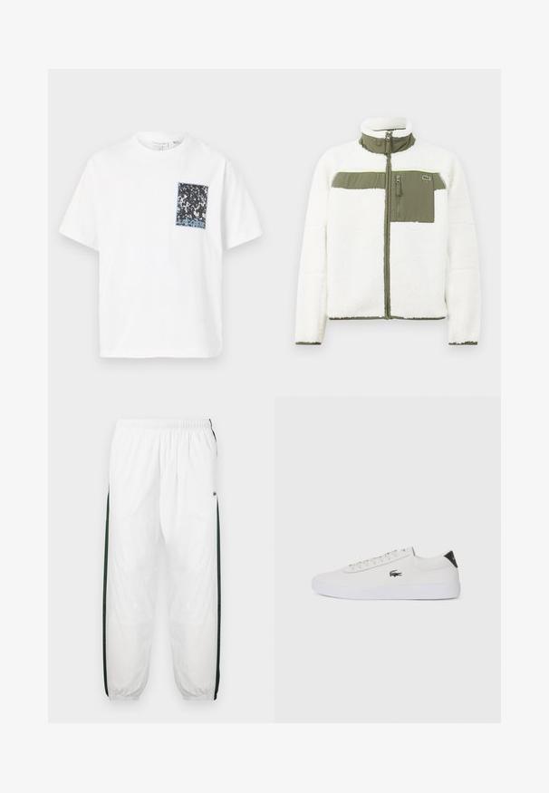 Balta flīsa jaka ar olīvzaļiem akcentiem, augstu apkakli, ar rāvējslēdzēju vertikālu krūšu kabatu un ribotiem piedurkņu galiem. Uz kreisās puses ir logotips.; Balts īsām piedurknēm T-krekls ar melnu un zilu rakstu kabatu kreisajā krūtī. Audums šķiet mīksts; vienkāršs, bezizšuvuma dizains.; Baltas sporta bikses ar tumši zaļām sānu joslām. Viegls materiāls, elastīga josta un aproces apakšā. Satur acu auduma tekstūru sānu joslās.; Baltas ādas sporta apavu modelis ar noapaļotu purngalu, sasienamu priekšpusi un melnu papēža akcentu. Satur nelielu izšūtu krokodila logo sānos.