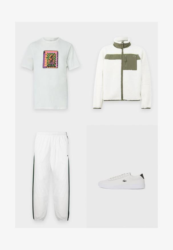Bijela flis jakna s maslinastim akcentima, visokim ovratnikom, zatvorenim džepom na prsima i rebrastim manžetama. Sadrži logo s lijeve strane.; Bijela pamučna majica s kvadratnim, šarenim grafičkim prikazom dizajna žabe i tekstom, postavljena na geometrijsku pozadinu s naglašenim ivicama.; Bijele trenirke s tamnozelenim bočnim trakama. Lagani materijal, elastičan pojas i manžetne na rubovima. Sadrže mrežastu teksturu na bočnim trakama.; Bijele kožne tenisice s okruglim vrhom, vezanjem sprijeda i crnim detaljem na peti. Imaju mali izvezeni logotip krokodila s bočne strane.