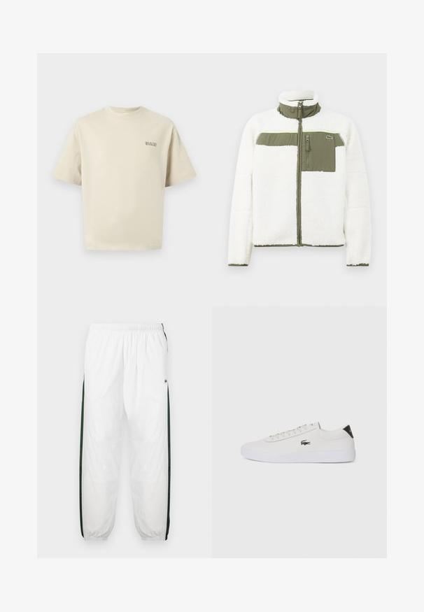 Fehér bolyhos kabát olívazöld részletekkel, magas gallérral, cipzáros mellzsebbel és bordás mandzsettákkal. A bal oldalon logó található.; Beige pamut póló rövid ujjakkal, kerek nyakkivágással és egy kis "SELECTED" logóval a bal mellrészen. Sima textúra.; Fehér sportnadrág sötétzöld oldalpanelekkel. Könnyű anyagból készült, rugalmas derékkal és gumis szegéllyel. Az oldalpaneleken hálós textúra található.; Fehér bőr sportcipő kerek orral, fűzős elülső résszel és fekete sarok akcentussal. Oldalán egy kis hímzett krokodil logóval rendelkezik.